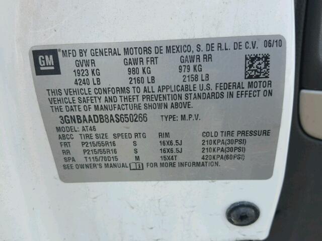 3GNBAADB8AS650266 - 2010 CHEVROLET HHR LS WHITE photo 10