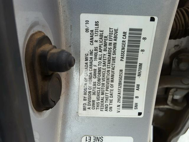 2HGFA1F32BH502538 - 2011 HONDA CIVIC VP SILVER photo 10