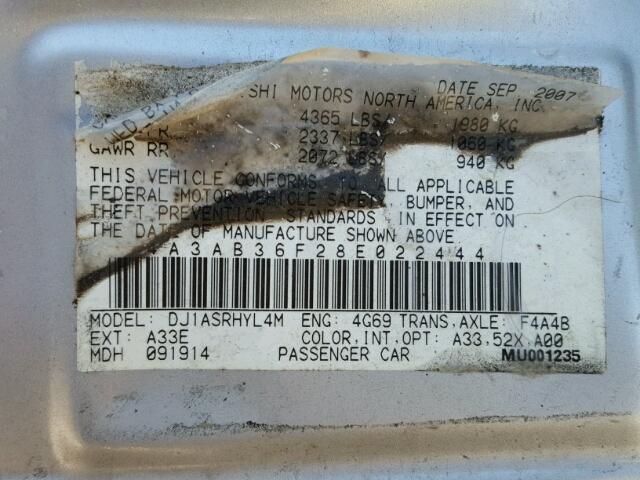 4A3AB36F28E022444 - 2008 MITSUBISHI GALANT ES SILVER photo 10