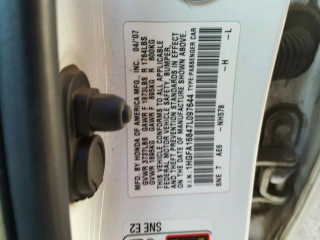 1HGFA16847L097644 - 2007 HONDA CIVIC EX თეთრი ფოტო 10