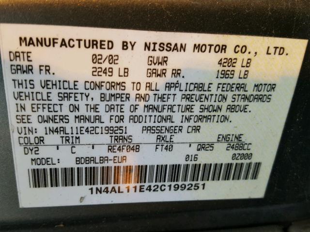 1N4AL11E42C199251 - 2002 NISSAN ALTIMA BAS GREEN photo 10