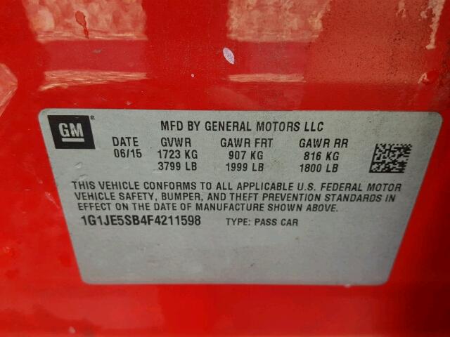 1G1JE5SB4F4211598 - 2015 CHEVROLET SONIC RED photo 10