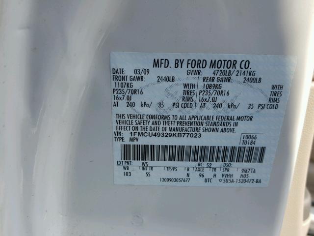 1FMCU49329KB77023 - 2009 FORD ESCAPE HYB WHITE photo 10