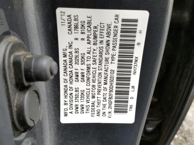 2HGFB2F90DH503102 - 2013 HONDA CIVIC EXL ნაცრისფერი ფოტო 10