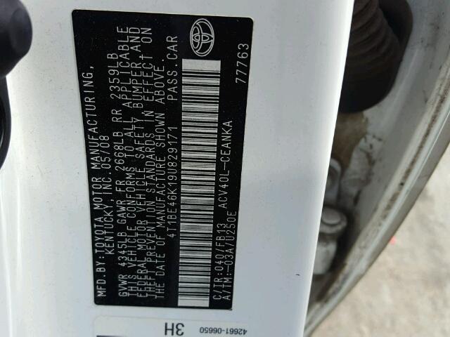 4T1BE46K19U829171 - 2009 TOYOTA CAMRY BASE თეთრი ფოტო 10