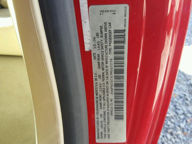 3VWPW31CX7M507774 - 2007 VOLKSWAGEN NEW BEETLE 红色 照片 10