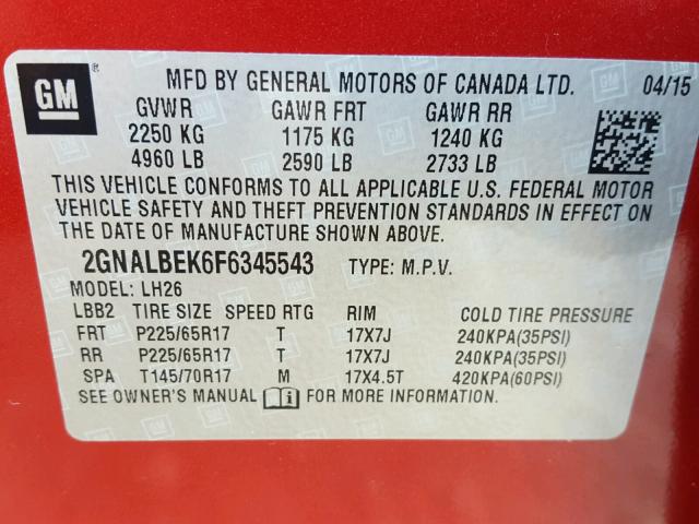 2GNALBEK6F6345543 - 2015 CHEVROLET EQUINOX LT MAROON photo 10