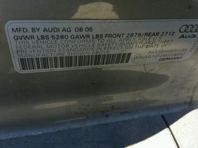 WAUEG74F26N038640 - 2006 AUDI A6 S-LINE GRAY photo 10