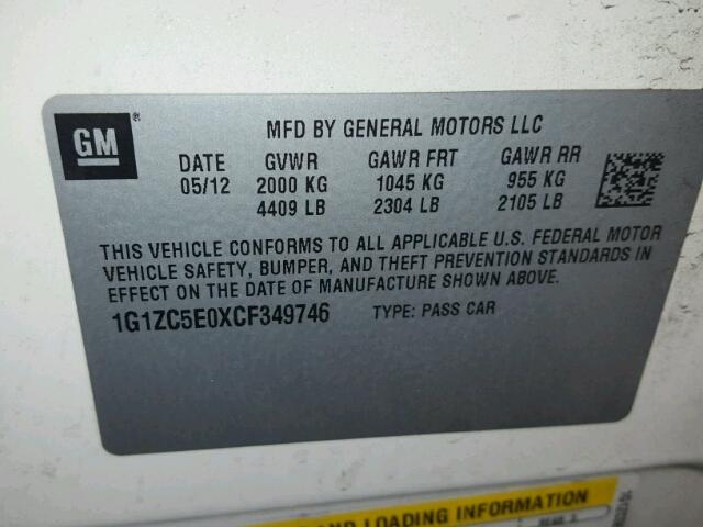 1G1ZC5E0XCF349746 - 2012 CHEVROLET MALIBU 1LT WHITE photo 10