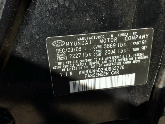 KMHDU46D29U653776 - 2009 HYUNDAI ELANTRA GL BLACK photo 10