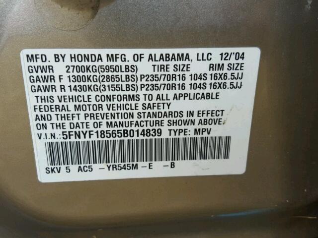 5FNYF18565B014839 - 2005 HONDA PILOT BEIGE photo 10