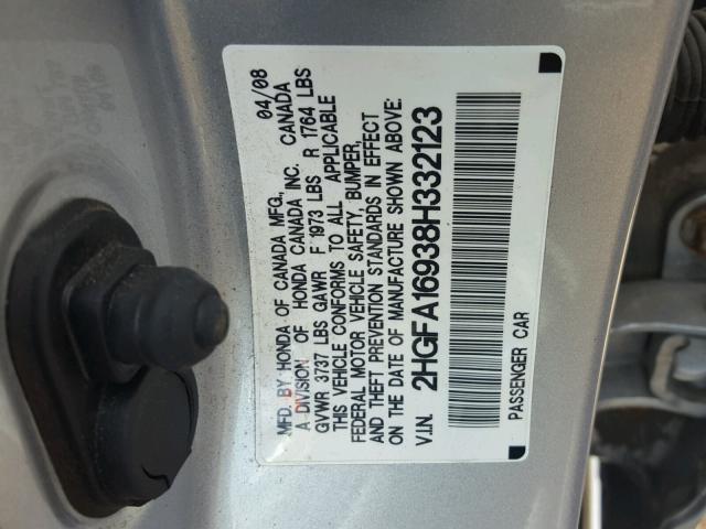 2HGFA16938H332123 - 2008 HONDA CIVIC EXL 银色 照片 10