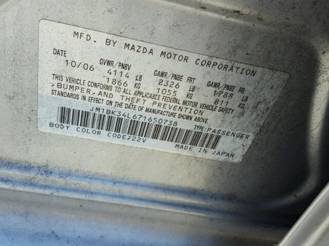 JM1BK34L671650738 - 2007 MAZDA SPEED 3 SILVER photo 10