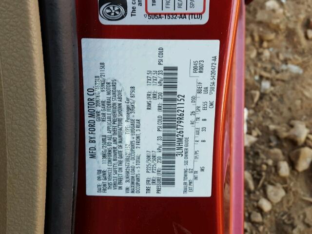 3LNHM26T79R621152 - 2009 LINCOLN MKZ RED photo 10