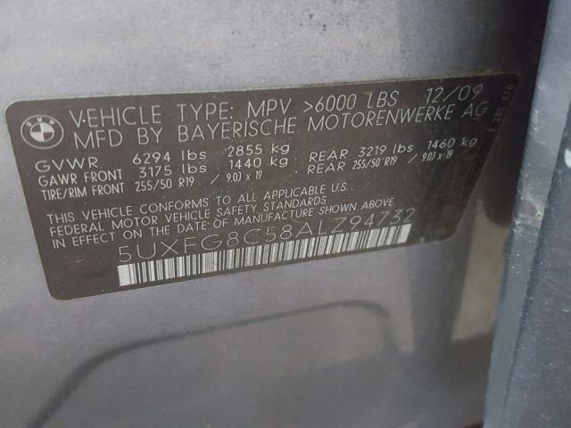 5UXFG8C58ALZ94732 - 2010 BMW X6 XDRIVE5 BLUE photo 10