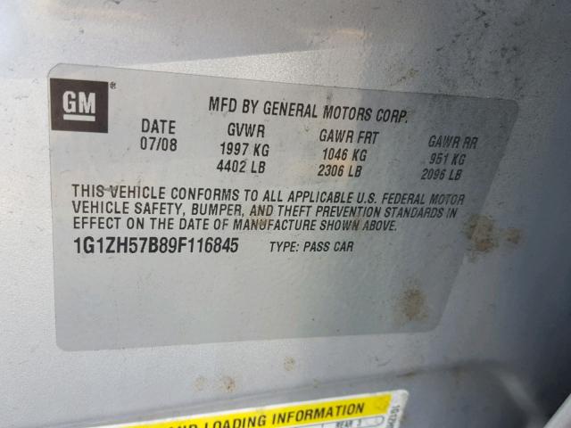 1G1ZH57B89F116845 - 2009 CHEVROLET MALIBU 1LT 银色 照片 10