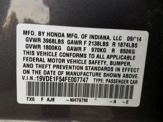 19VDE1F54FE007747 - 2015 ACURA ILX 20 PRE GRAY photo 10