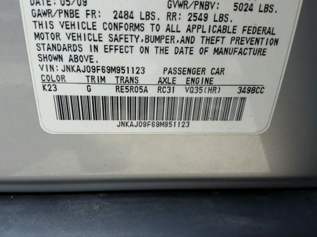 JNKAJ09F69M951123 - 2009 INFINITI EX35 BASE SILVER photo 10