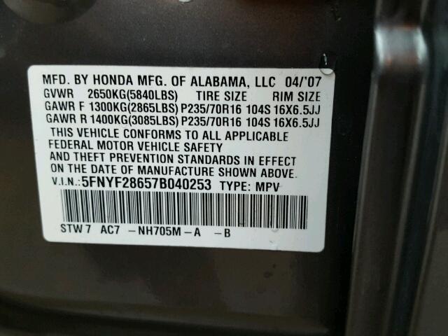 5FNYF28657B040253 - 2007 HONDA PILOT CHARCOAL photo 10