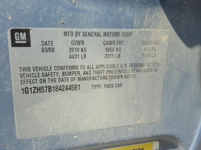 1G1ZH57B184244581 - 2008 CHEVROLET MALIBU 1LT BLUE photo 10