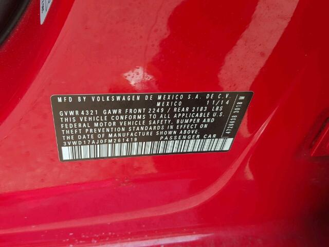 3VWD17AJ0FM261419 - 2015 VOLKSWAGEN JETTA SE RED photo 10