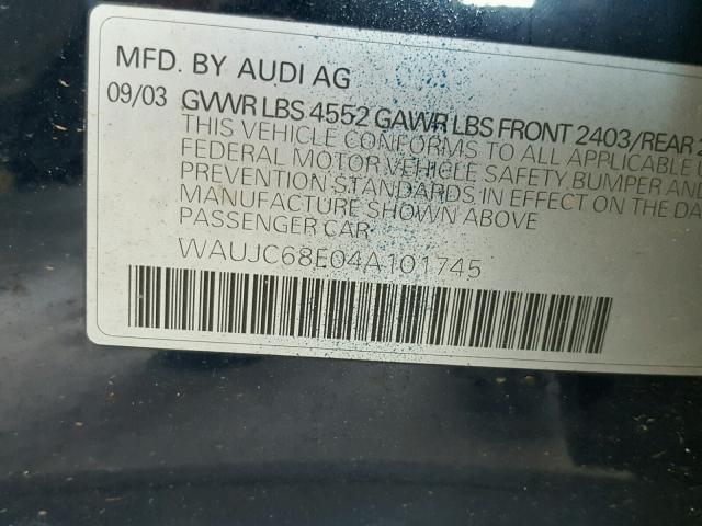 WAUJC68E04A101745 - 2004 AUDI A4 1.8T BLUE photo 10