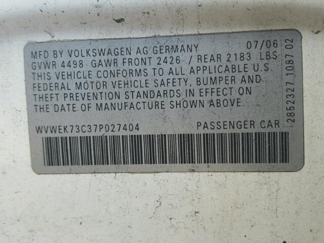 WVWEK73C37P027404 - 2007 VOLKSWAGEN PASSAT WHITE photo 10