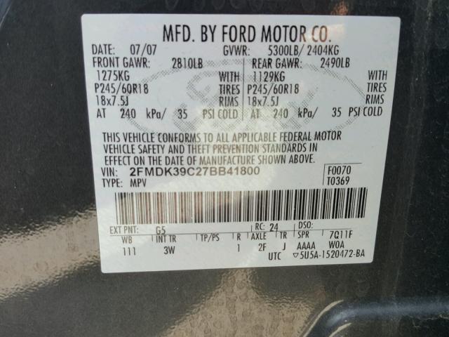 2FMDK39C27BB41800 - 2007 FORD EDGE SEL P GRAY photo 10