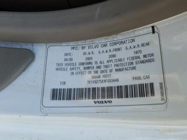 YV1VS275X4F033646 - 2004 VOLVO S40 1.9T WHITE photo 10