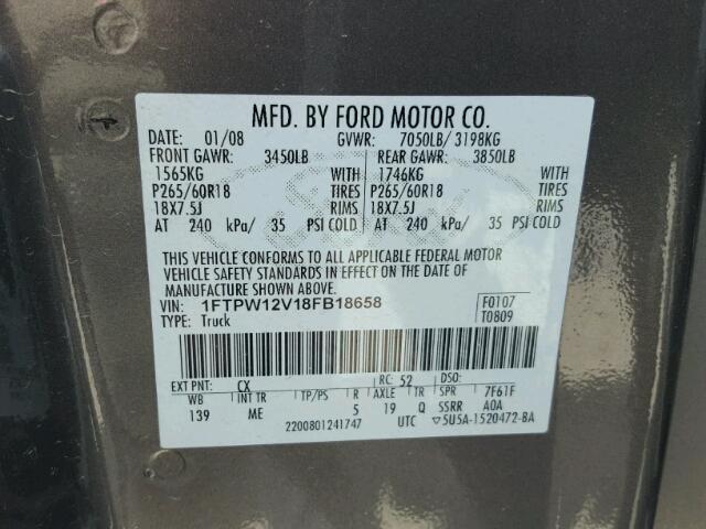 1FTPW12V18FB18658 - 2008 FORD F150 SUPER SILVER photo 10