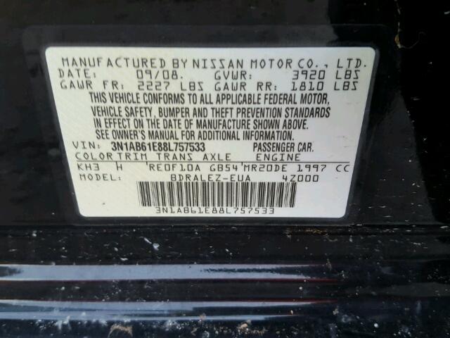 3N1AB61E88L757533 - 2008 NISSAN SENTRA BLACK photo 10