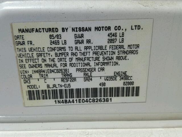 1N4BA41E04C826381 - 2004 NISSAN MAXIMA WHITE photo 10