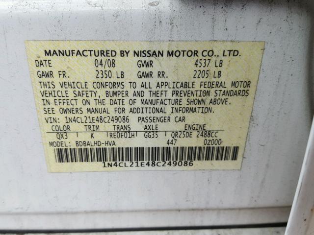 1N4CL21E48C249086 - 2008 NISSAN ALTIMA HYB WHITE photo 10