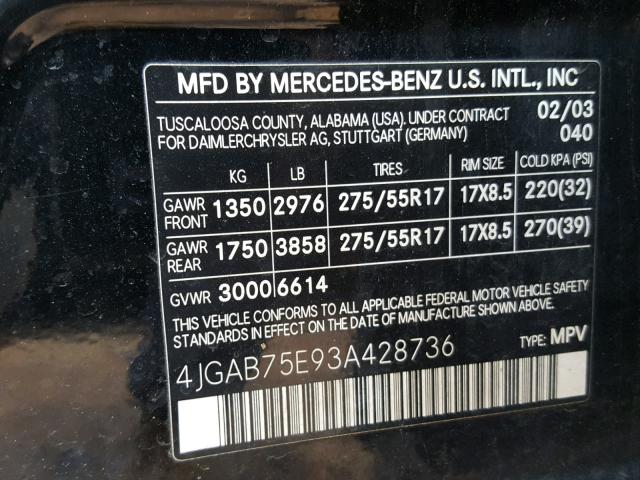 4JGAB75E93A428736 - 2003 MERCEDES-BENZ ML 500 BLACK photo 10