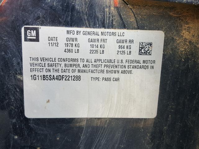 1G11B5SA4DF221288 - 2013 CHEVROLET MALIBU LS Қара фото 10