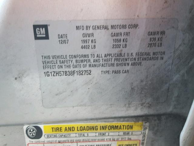 1G1ZH57B38F182752 - 2008 CHEVROLET MALIBU 1LT 银色 照片 10