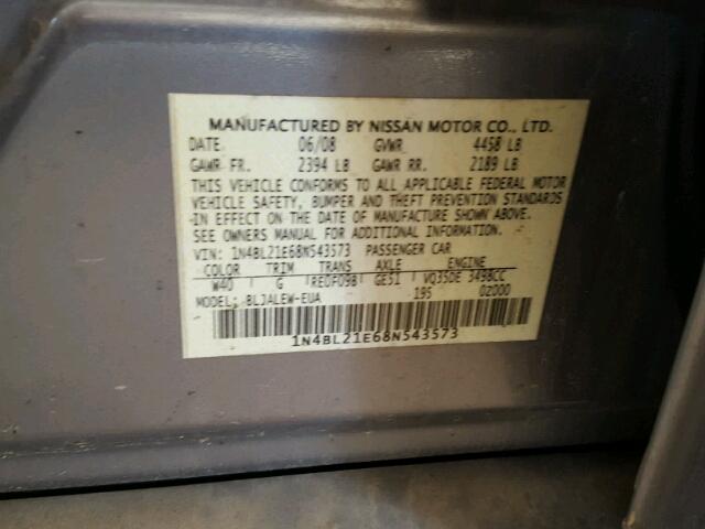 1N4BL21E68N543573 - 2008 NISSAN ALTIMA GRAY photo 10