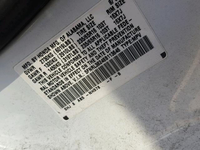 5FNRL38248B113646 - 2008 HONDA ODYSSEY LX WHITE photo 10