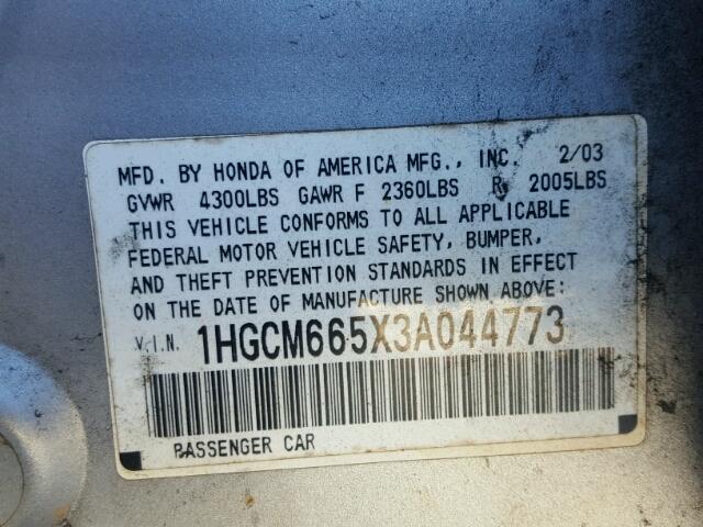 1HGCM665X3A044773 - 2003 HONDA ACCORD EX SILVER photo 10