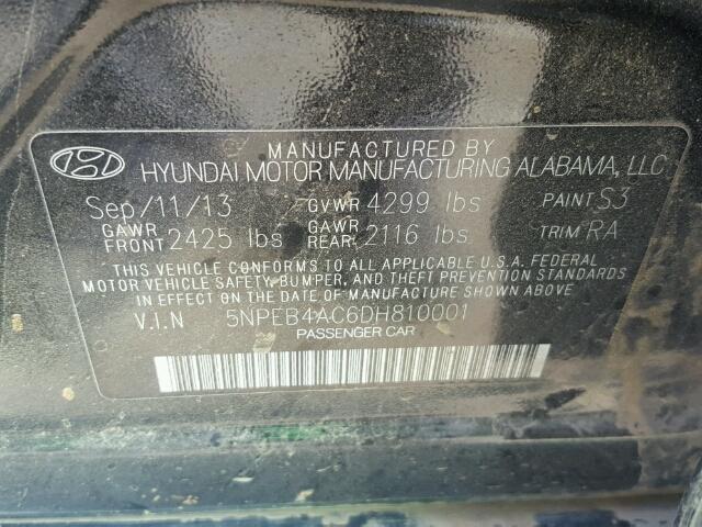 5NPEB4AC6DH810001 - 2013 HYUNDAI SONATA GLS BLACK photo 10