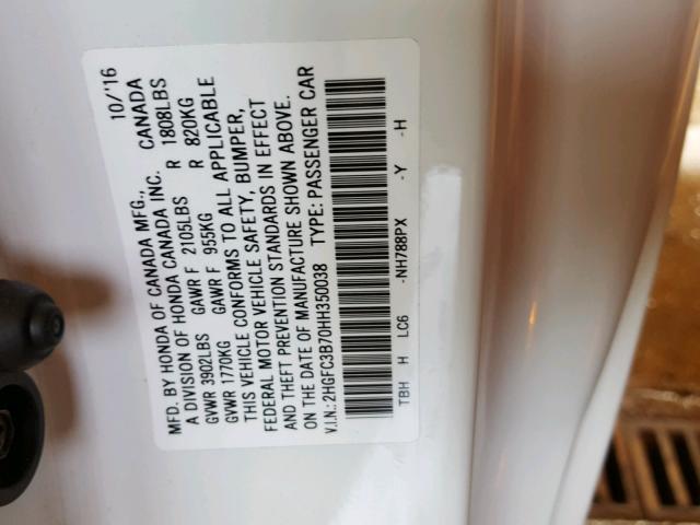 2HGFC3B70HH350038 - 2017 HONDA CIVIC EXL 白色 照片 10