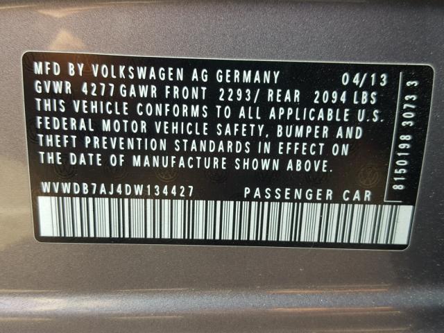 WVWDB7AJ4DW134427 - 2013 VOLKSWAGEN GOLF GRAY photo 10