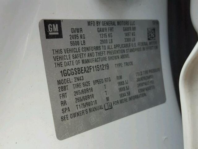 1GCGSBEA2F1151219 - 2015 CHEVROLET COLORADO L WHITE photo 10