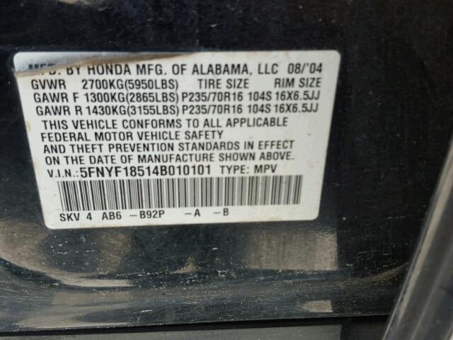 5FNYF18514B010101 - 2004 HONDA PILOT EXL BLACK photo 10