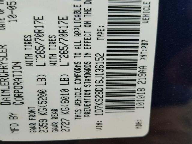 1D7KS28D16J136152 - 2006 DODGE RAM 2500 S ლურჯი ფოტო 10