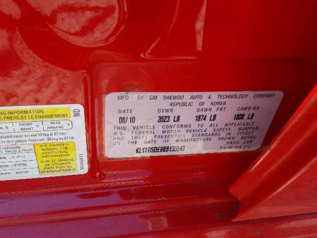 KL1TD5DE9BB135643 - 2011 CHEVROLET AVEO LS RED photo 10