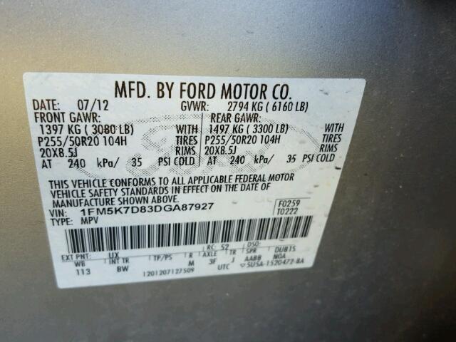 1FM5K7D83DGA87927 - 2013 FORD EXPLORER SILVER photo 10