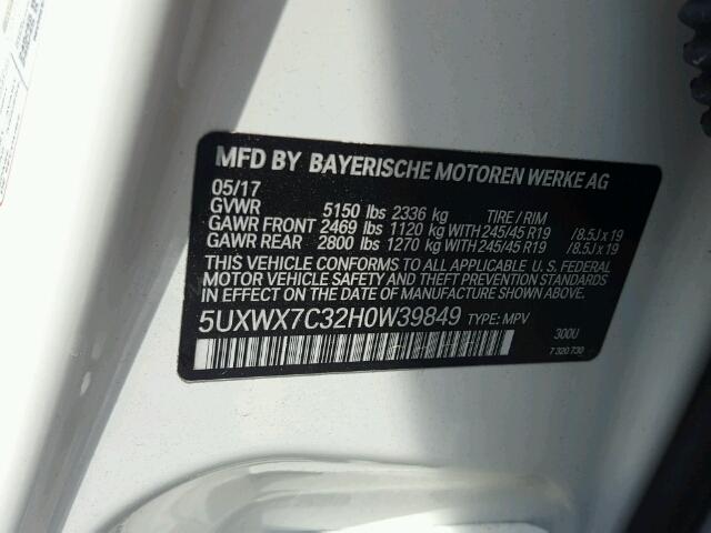 5UXWX7C32H0W39849 - 2017 BMW X3 XDRIVE3 WHITE photo 10