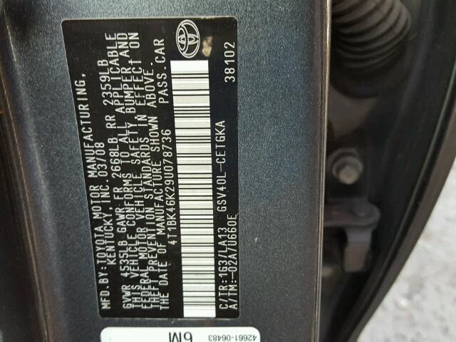 4T1BK46K29U078736 - 2009 TOYOTA CAMRY SE GRAY photo 10