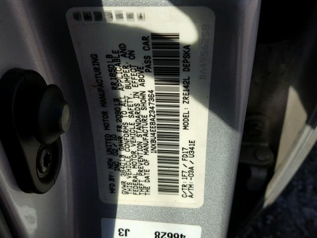 1NXBU4EE8AZ347364 - 2010 TOYOTA COROLLA BA SILVER photo 10